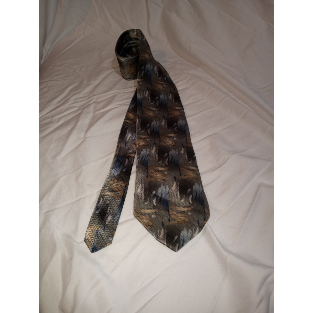 Murano Italia Silk Necktie Abstract Gray Tan Blue 3.5 Wide 58 Long USA
